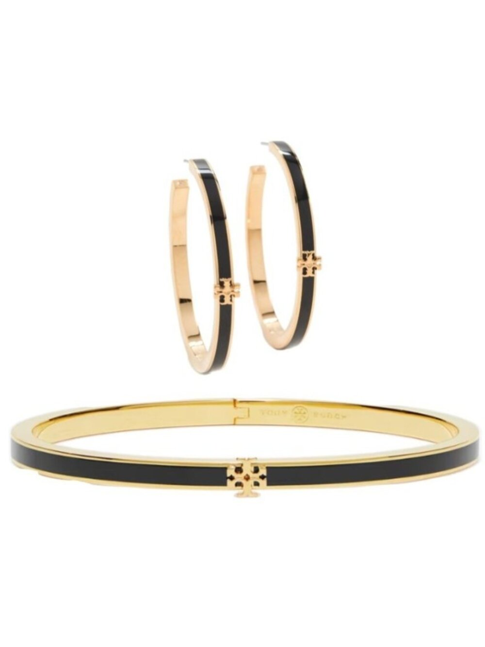 TORY BURCH BLACK AND GOLD KIRA ENAMEL BRACELET AND EARRING SET